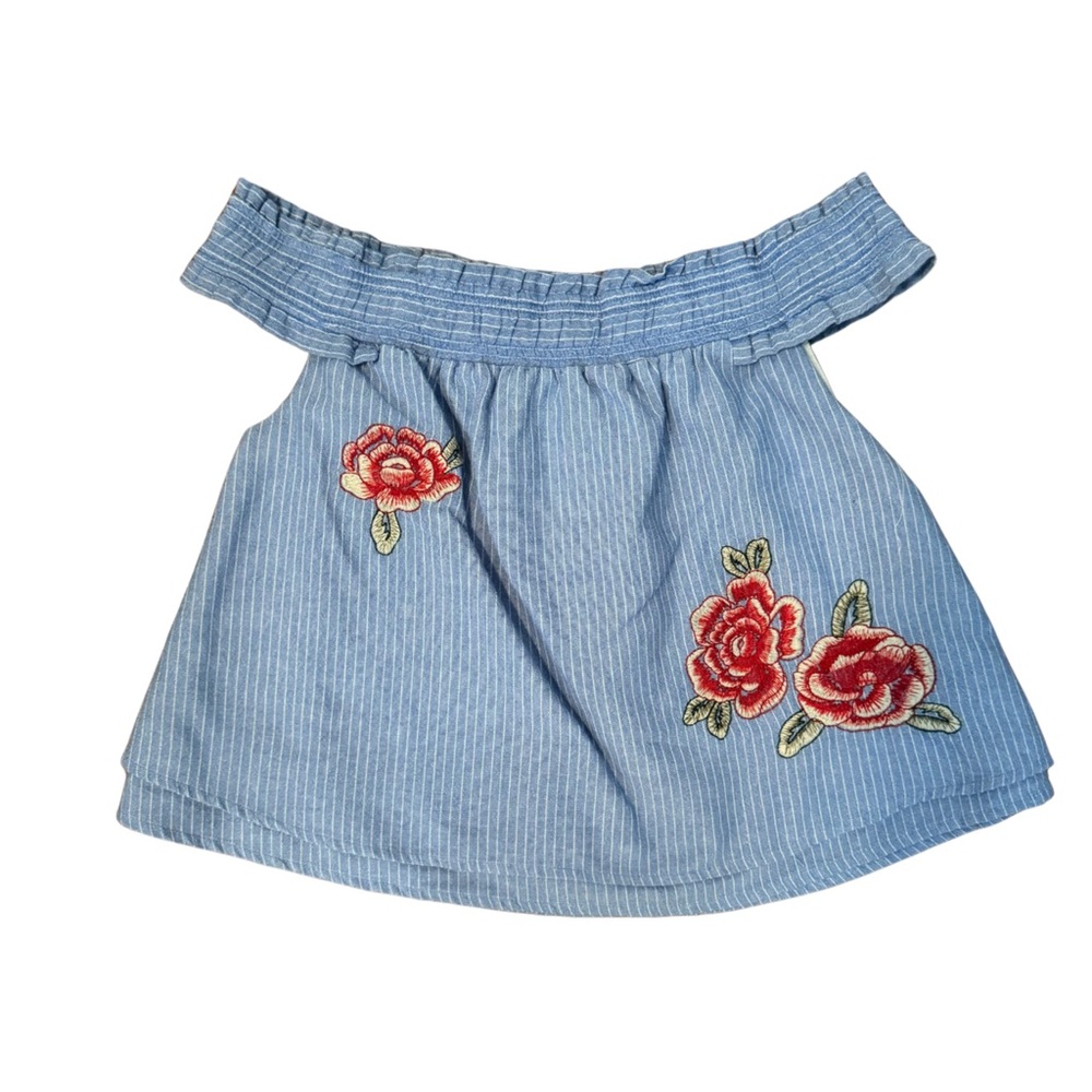 J.O.A. Blue Striped Off-the-Shoulder Embroidered Top💮🩵